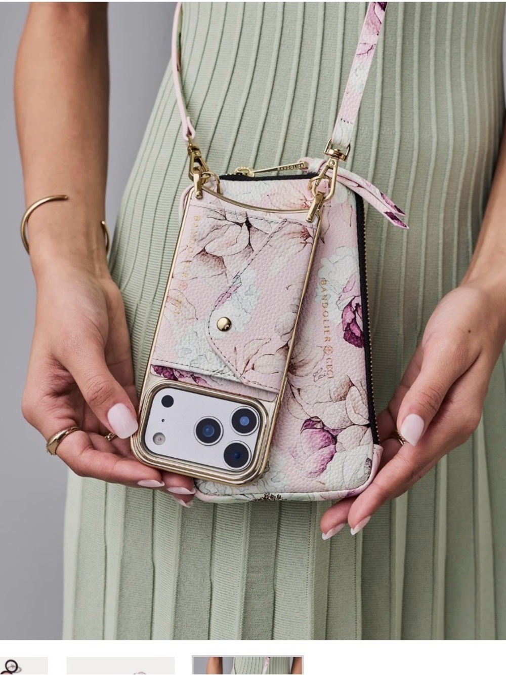 Bandolier "Donna" crossbody phone case in a limited-edition "Ceci Pink Floral"